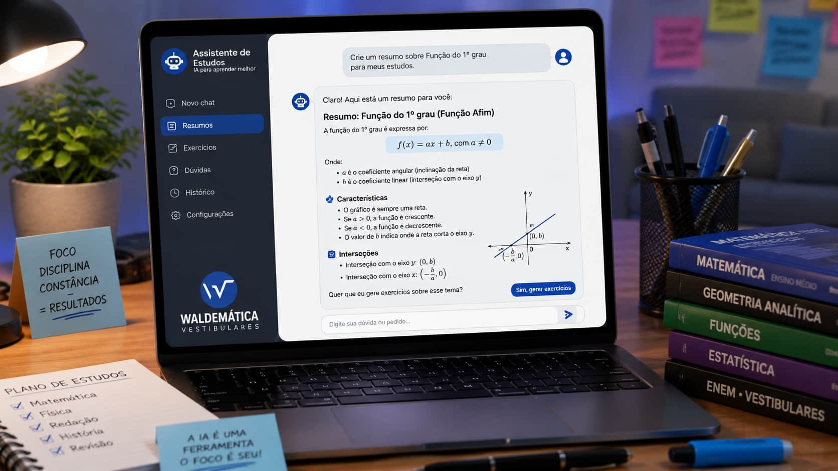 Tela de computador mostrando um assistente virtual criando um resumo de matemática para um estudante.