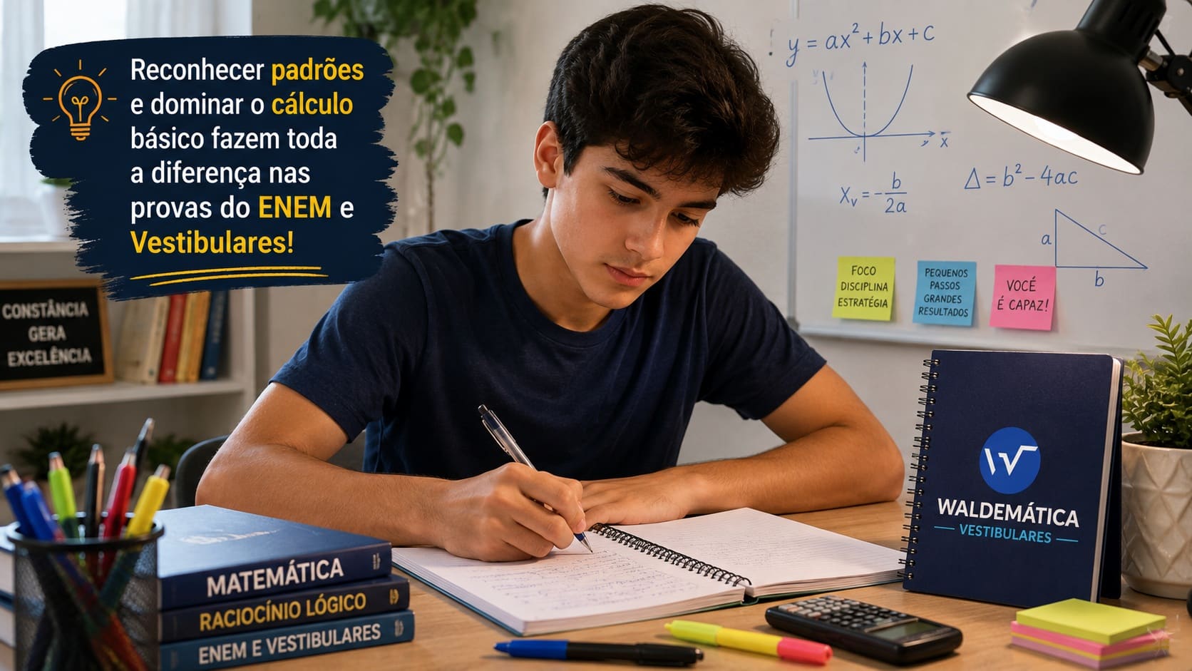 Estudante focado resolvendo exercícios de matemática e treinando reconhecimento de padrões para o ENEM e vestibulares.