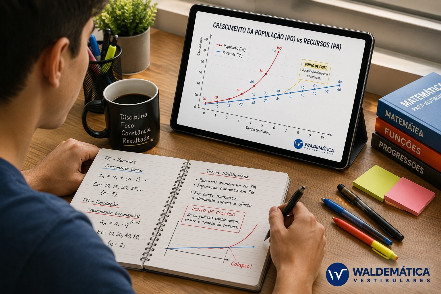 Estudante analisando gráficos de funções exponenciais e lineares para a Matemática no ENEM.