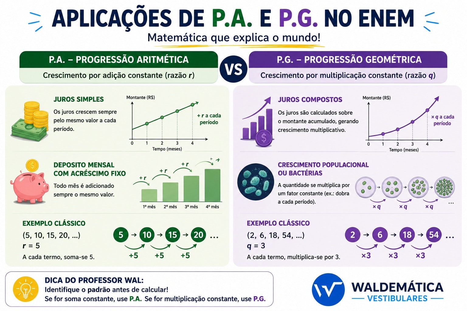 Infográfico comparando aplicações da P.A. em juros simples e acréscimos constantes com aplicações da P.G. em juros compostos e crescimento populacional.