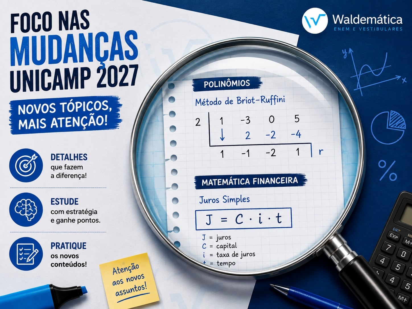 Lupa ampliando fórmulas matemáticas de polinômios e juros, representando a atenção às mudanças na Unicamp.
