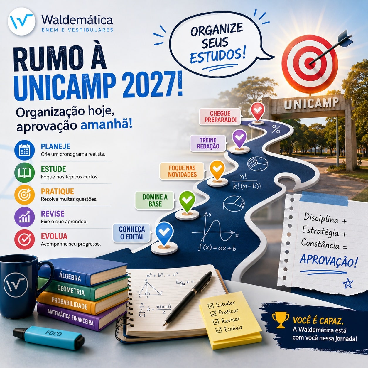 Ilustração de um mapa de estudos com símbolos de verificação, focando na organização para estudar o que cai na Unicamp.