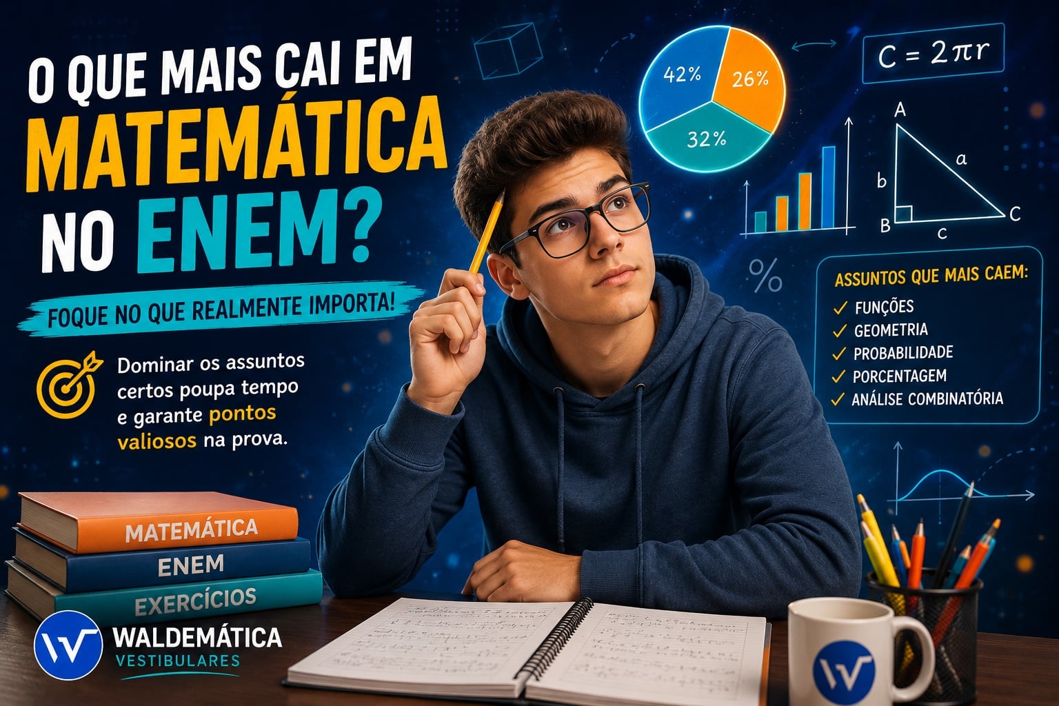 Estudante focado estudando o que mais cai em matemática no Enem com gráficos flutuantes.