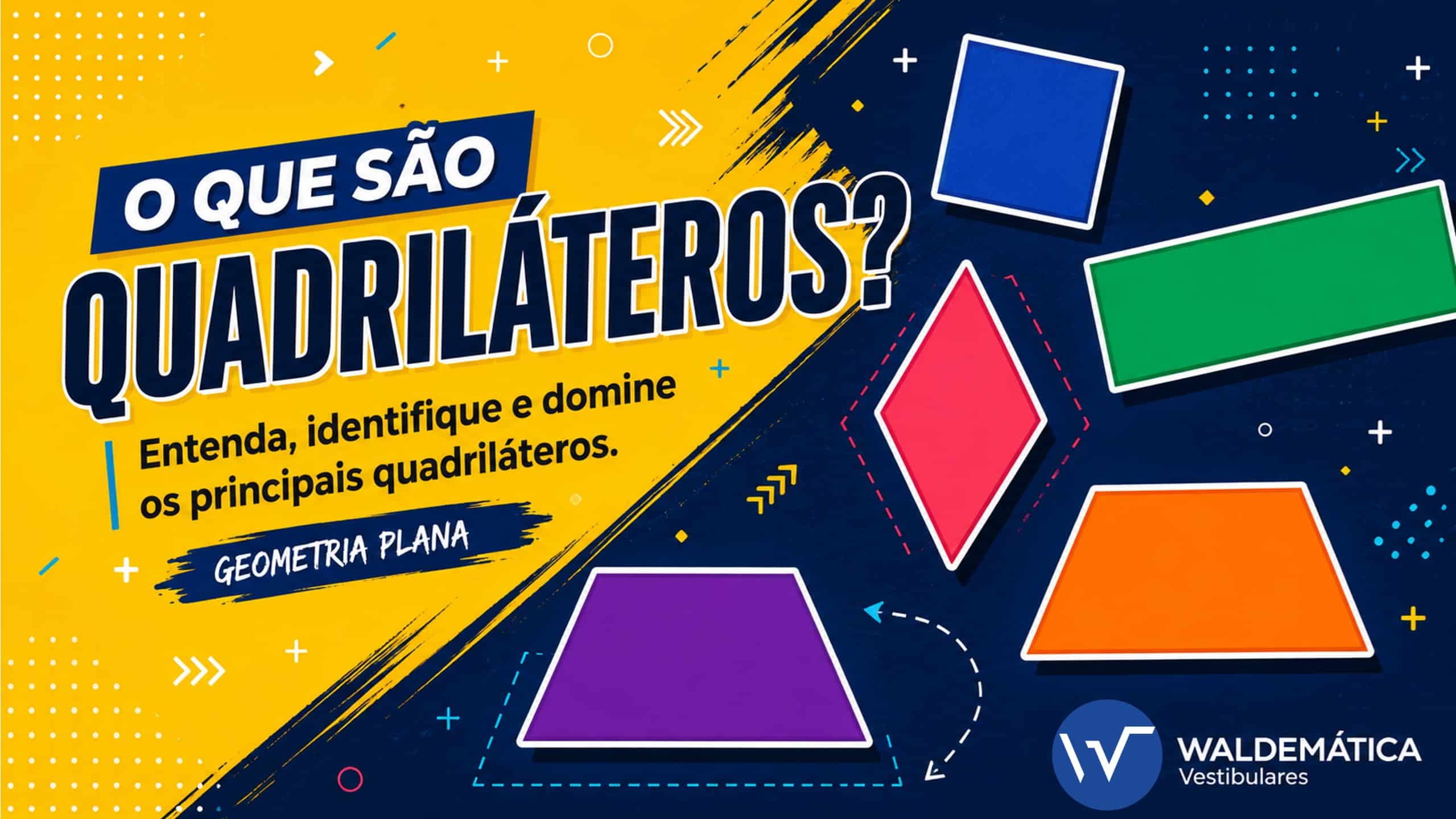 Ilustração colorida de vários polígonos de quatro lados flutuando, introduzindo o tema o que são quadriláteros.