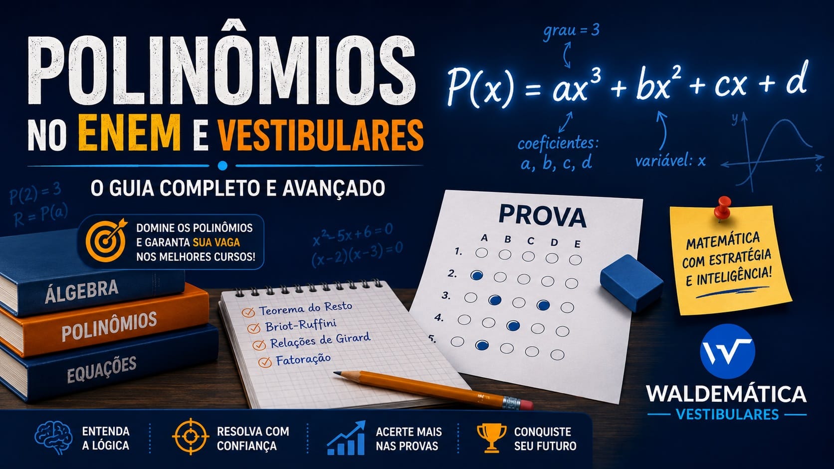 Ilustração didática sobre Polinômios no ENEM e Vestibulares, com a expressão P(x) = ax³ + bx² + cx + d e elementos visuais de prova e Álgebra.