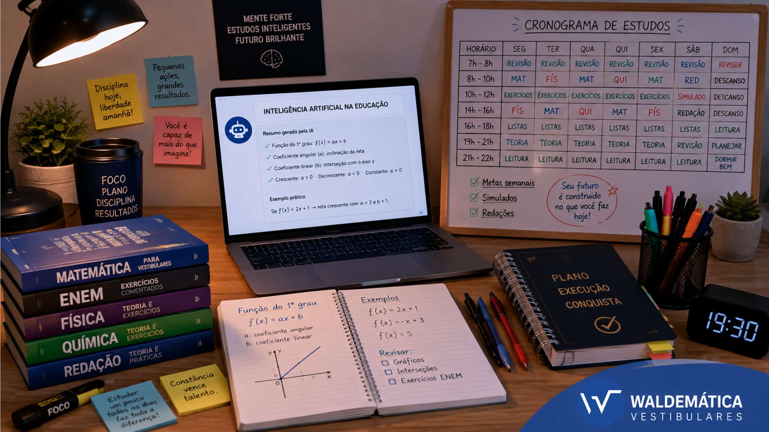 Mesa de estudos organizada com notebook, apostilas e um cronograma, representando a preparação para vestibulares.