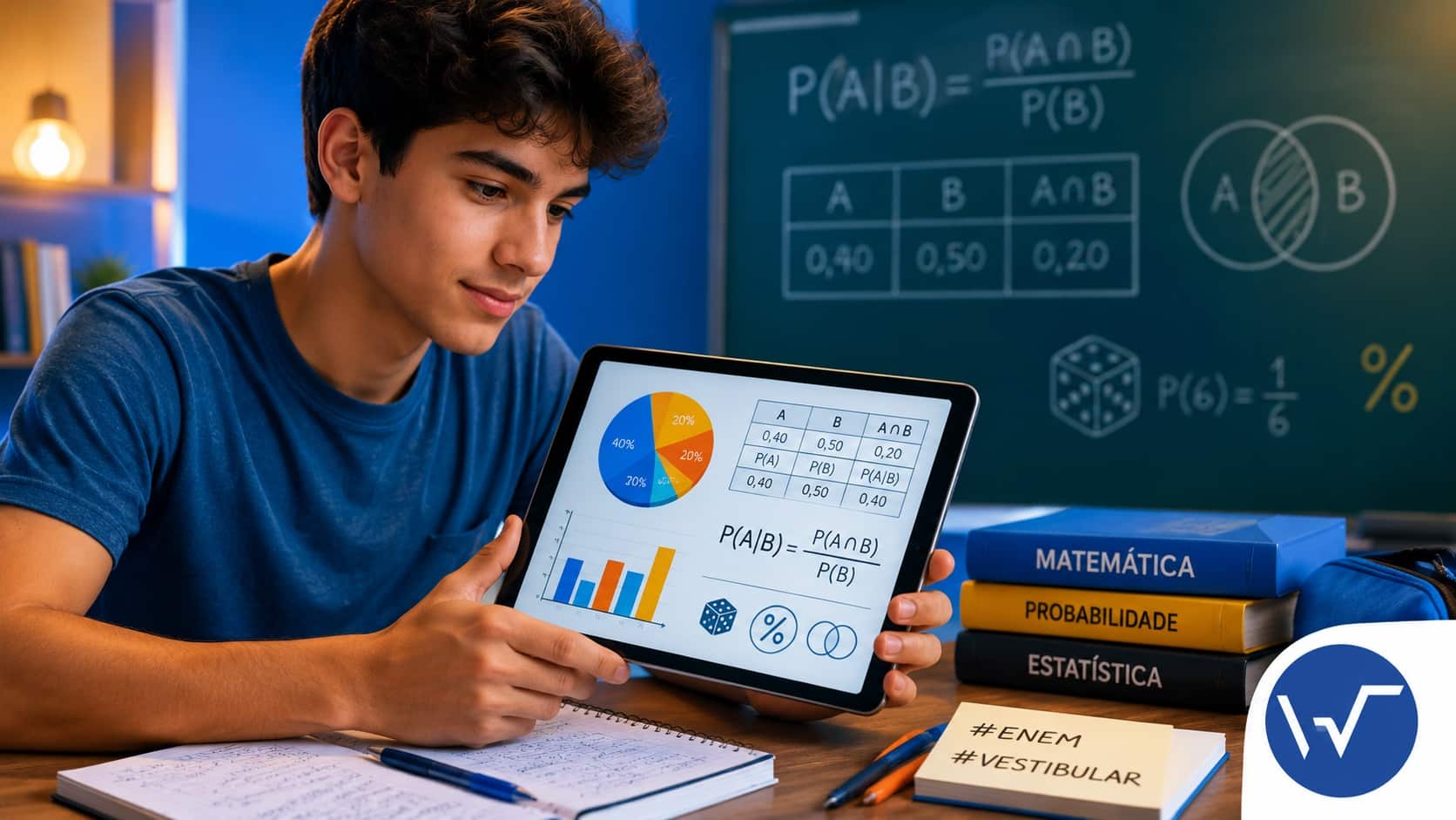Estudante focado analisando gráficos e dados estatísticos sobre probabilidade condicional no ENEM em um tablet.