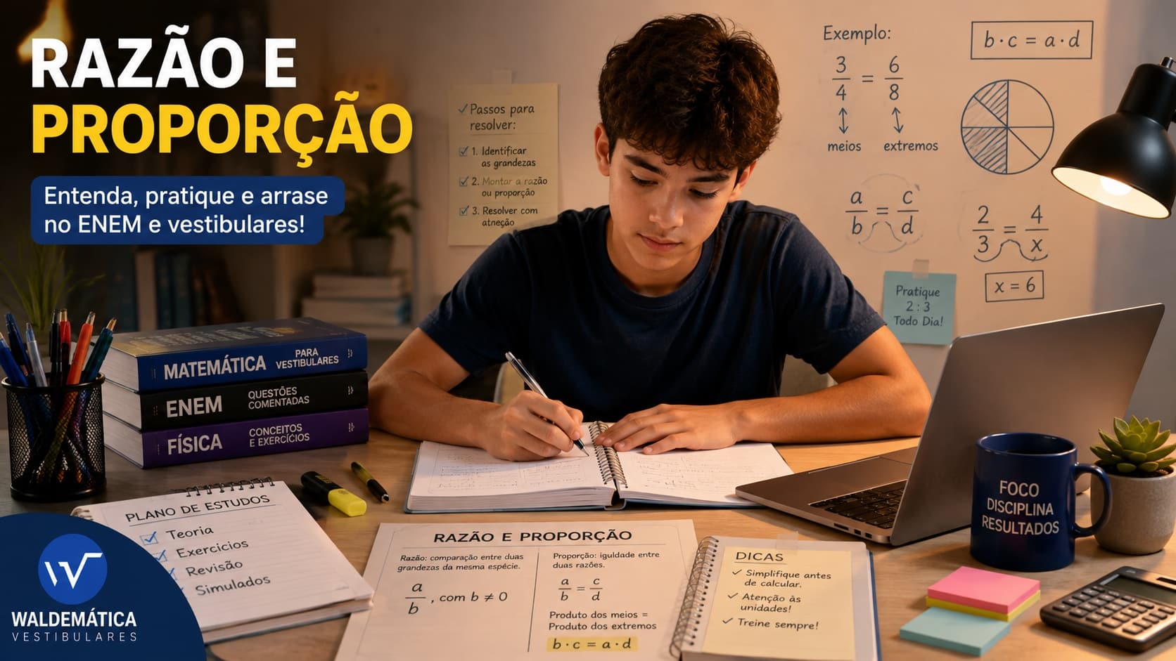 Estudante do Ensino Médio estudando razão e proporção para a prova do ENEM.
