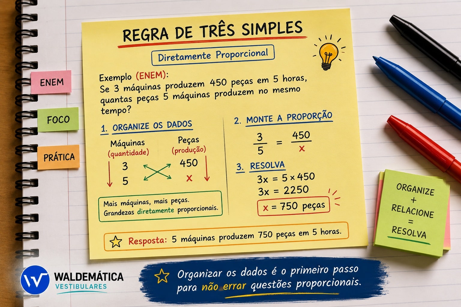 Anotação de resolução de regra de três simples Enem em um caderno.
