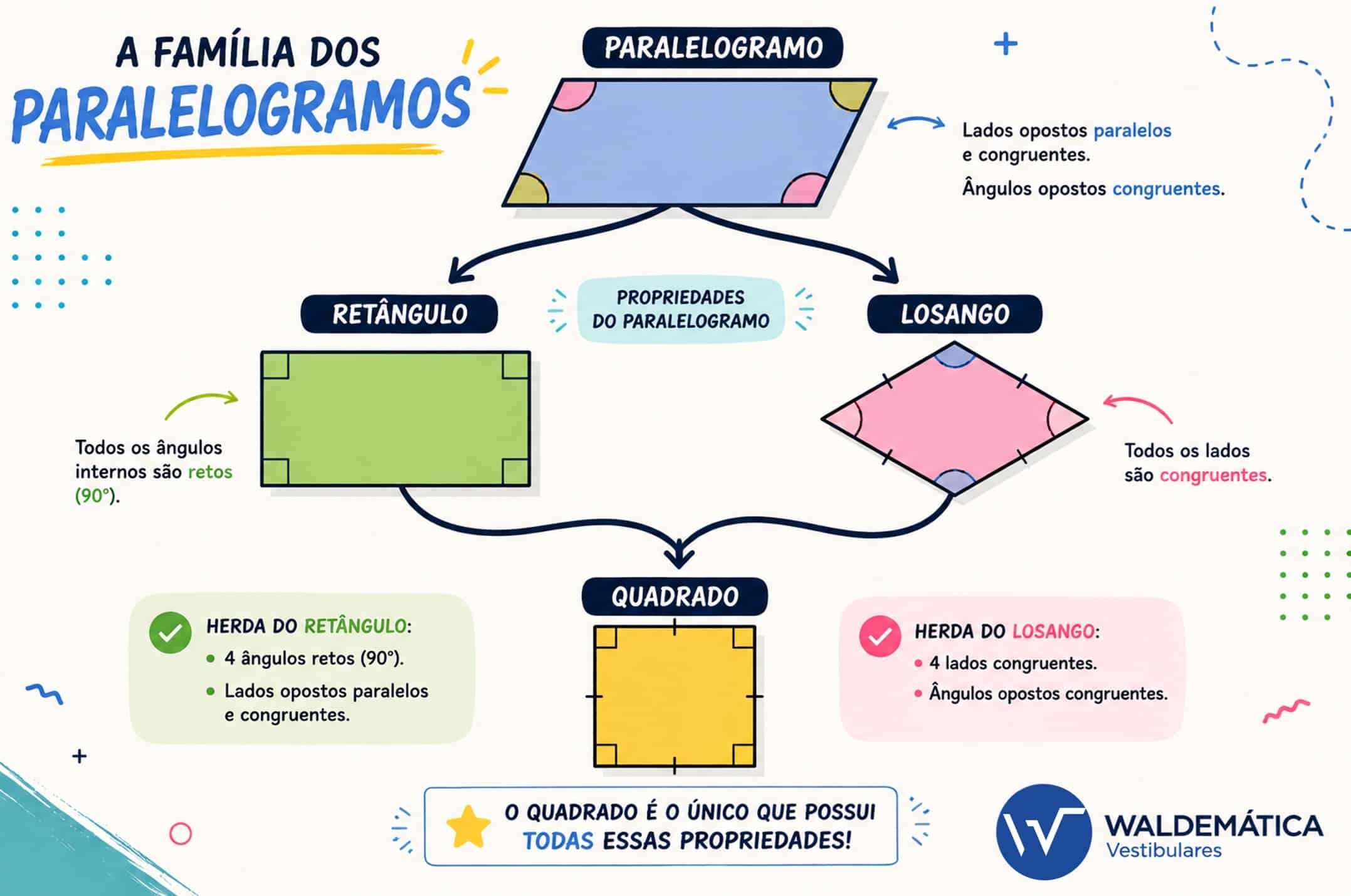 Esquema visual mostrando a família dos paralelogramos e como o quadrado herda as características do retângulo e do losango.