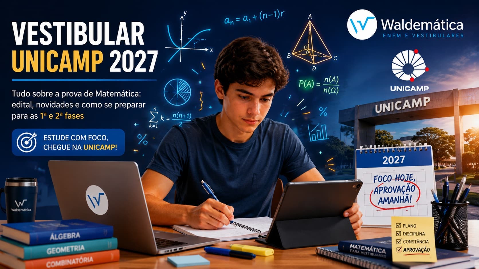 Estudante se preparando para o vestibular Unicamp 2027, com elementos de Matemática, calendário de estudos e identidade visual do Waldemática e da Unicamp.