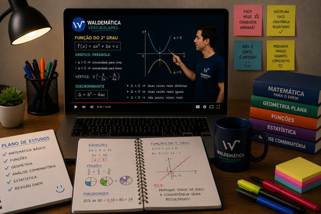 Tela de computador mostrando uma videoaula de matemática com gráficos coloridos e didáticos.